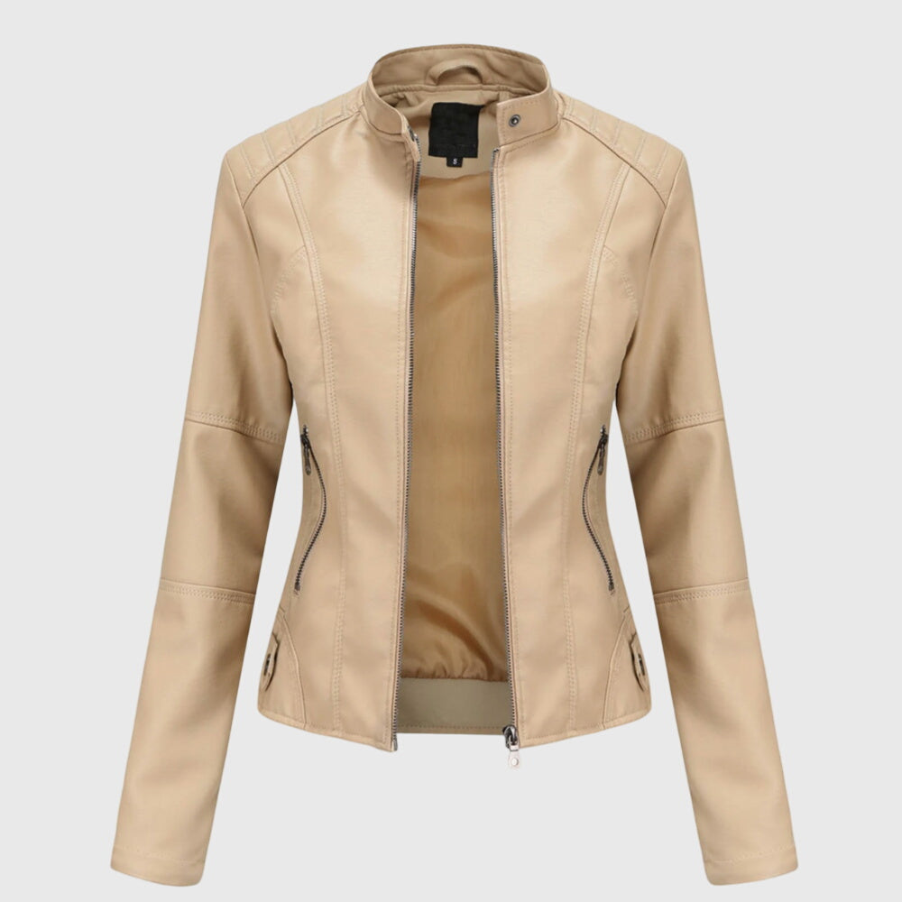 Women's Faux Leather Jacket with Stand-Up Collar and Zippered Pockets