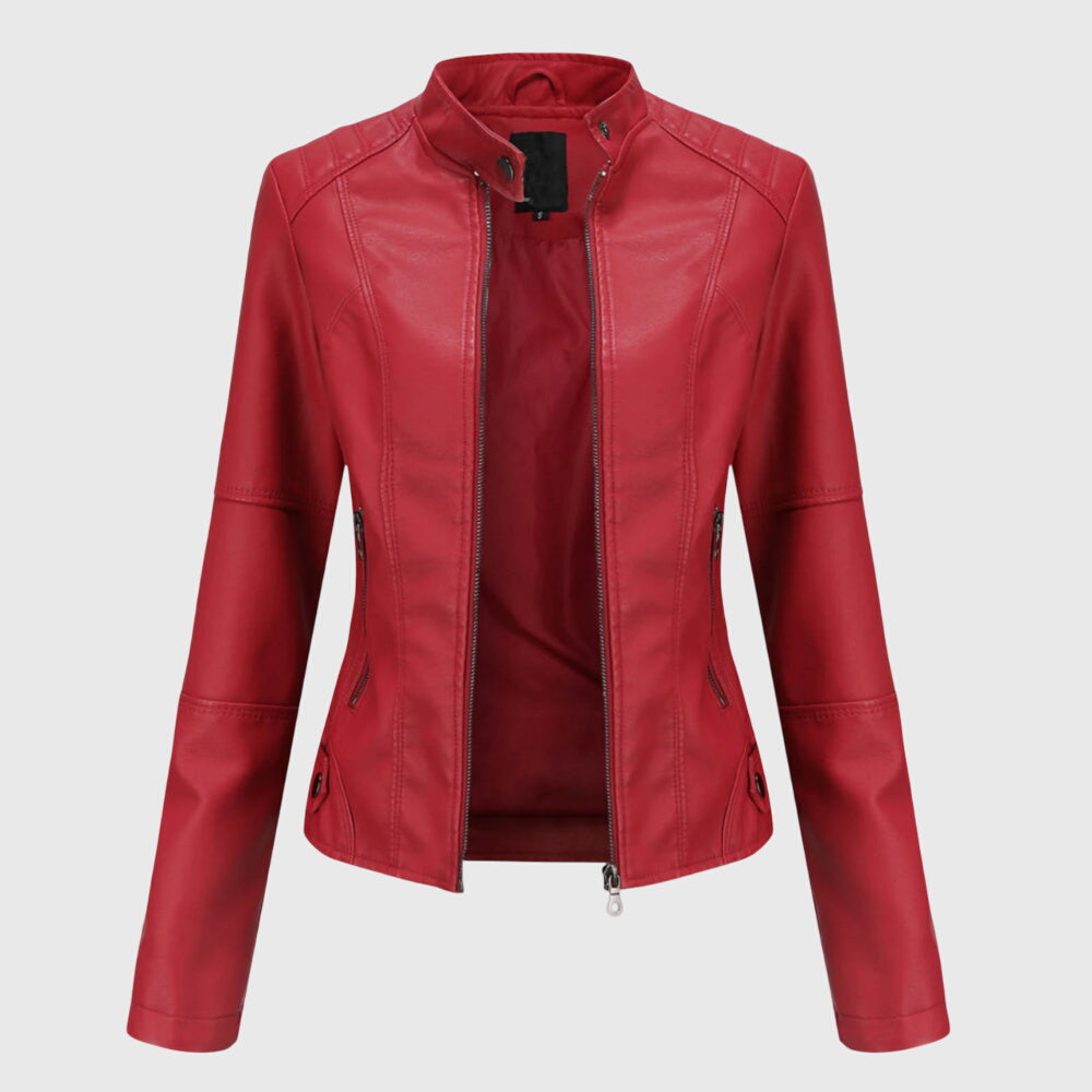 Women's Faux Leather Jacket with Stand-Up Collar and Zippered Pockets