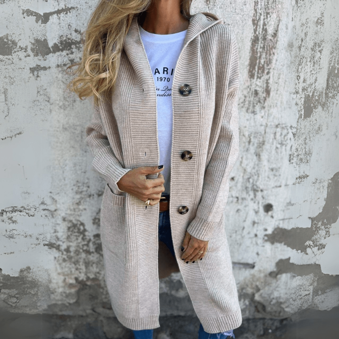 Women's Hooded Long Cardigan with Oversized Buttons
