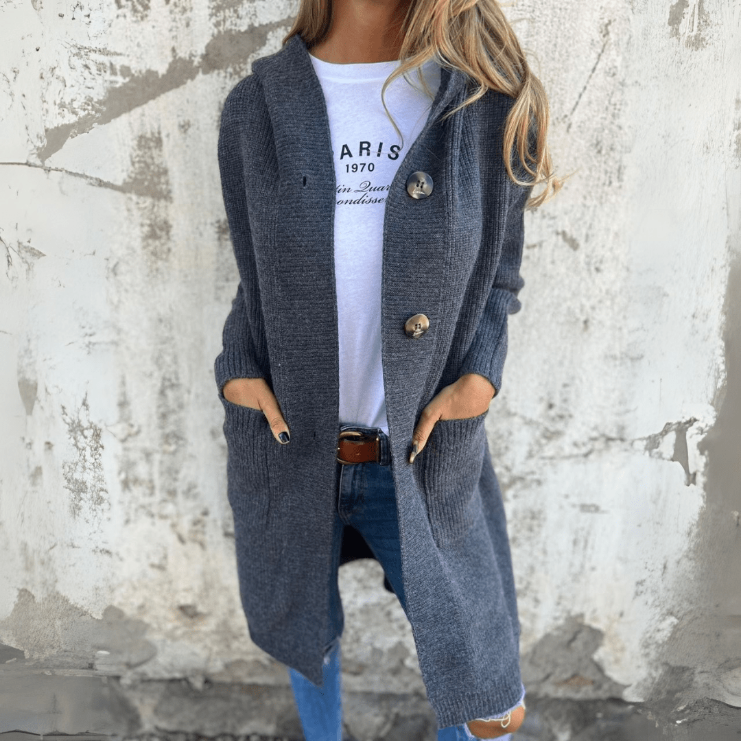 Women's Hooded Long Cardigan with Oversized Buttons