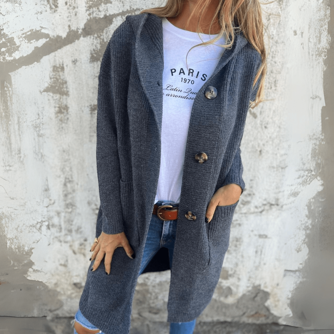 Women's Hooded Long Cardigan with Oversized Buttons