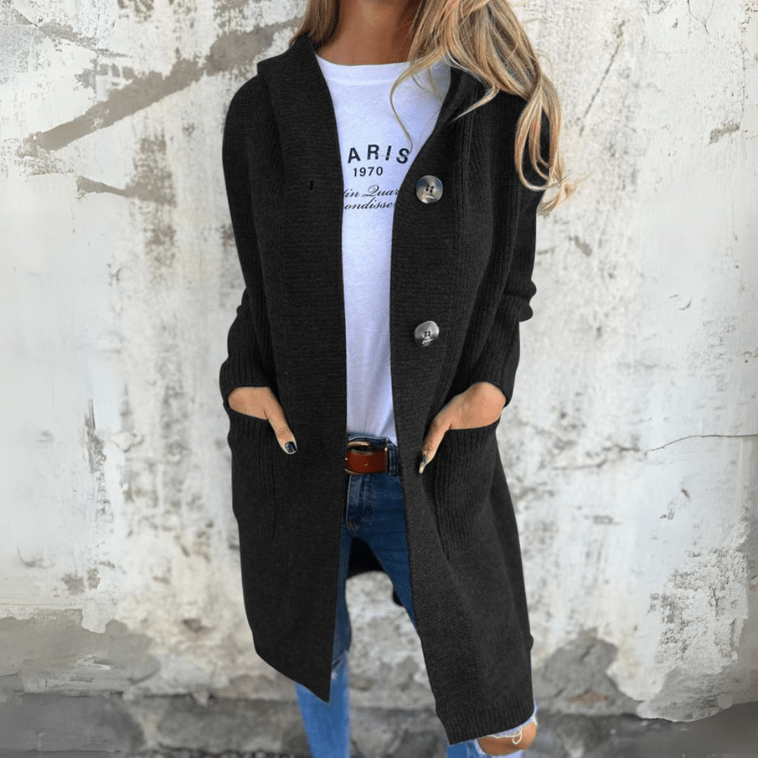 Women's Hooded Long Cardigan with Oversized Buttons