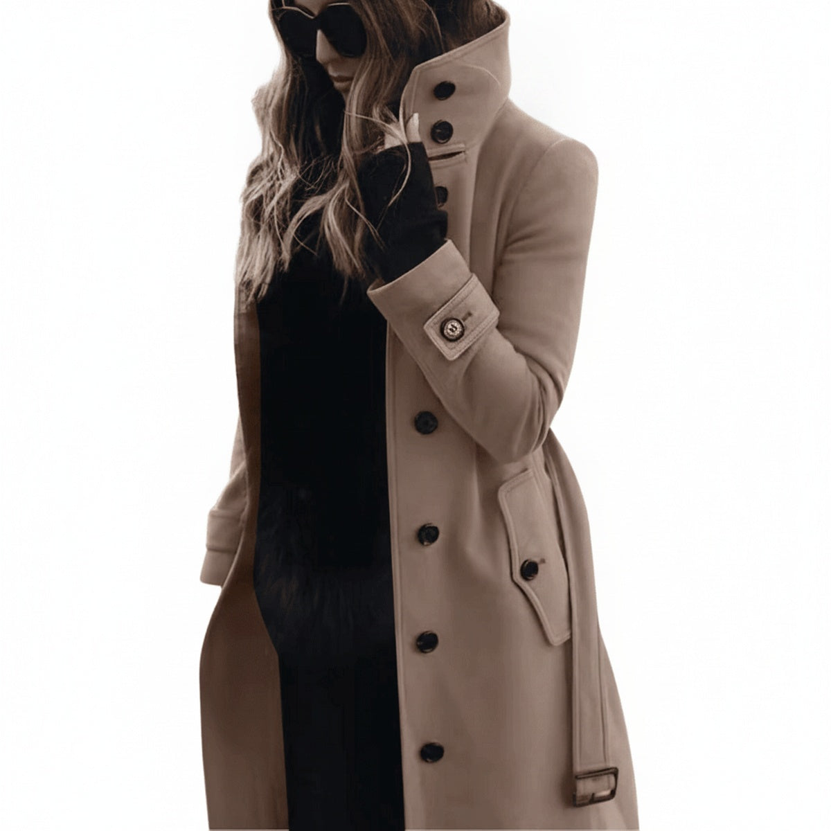 Women's Long Winter Coat with Stand-Up Collar and Double Button Fastening