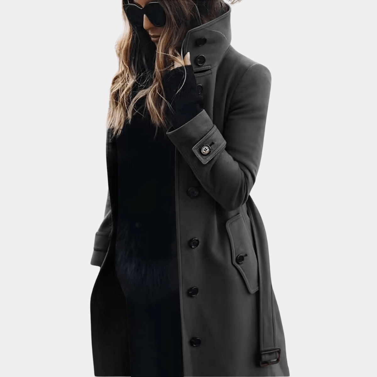 Women's Long Winter Coat with Stand-Up Collar and Double Button Fastening