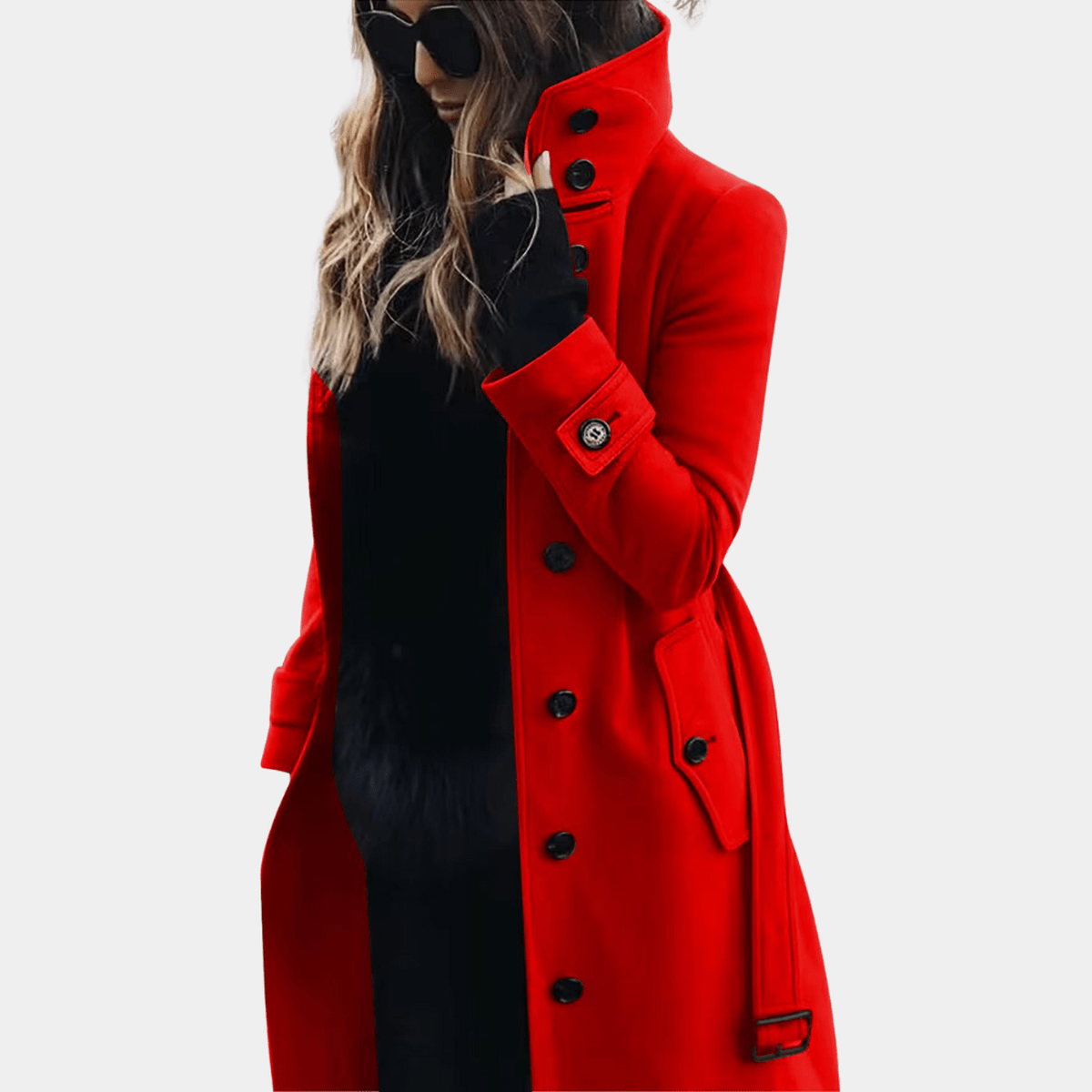 Women's Long Winter Coat with Stand-Up Collar and Double Button Fastening