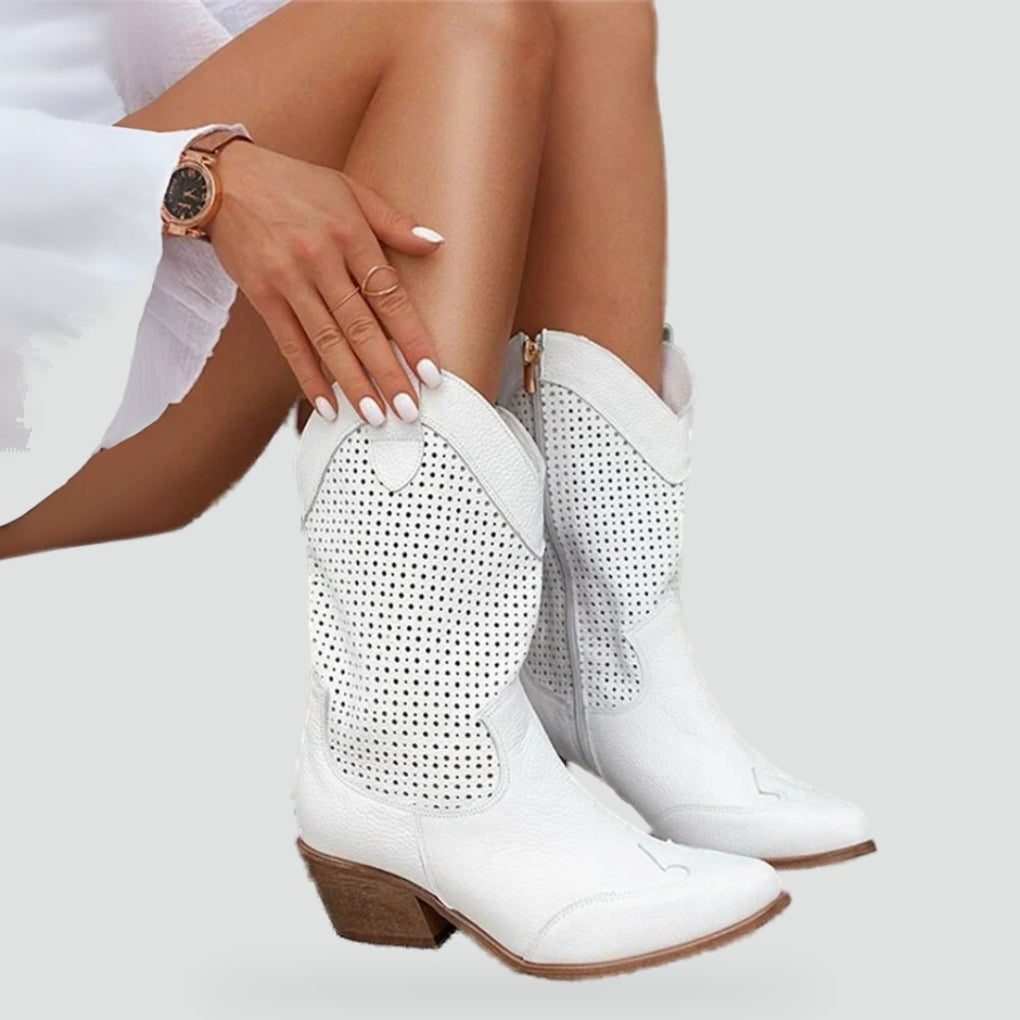 Ladies' Leather Cowboy Boots with Heel and Perforations