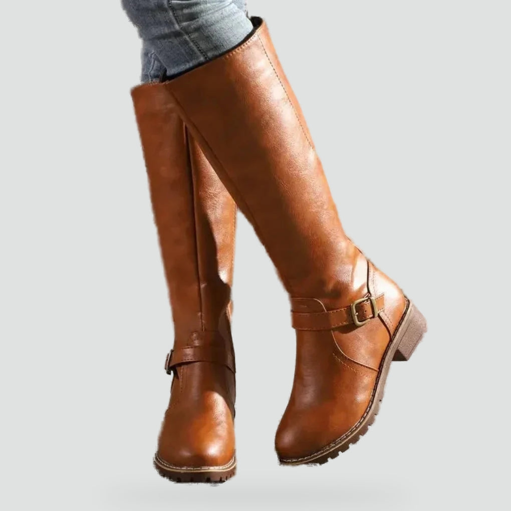 Leather Ladies' Boots with Zipper and Buckles