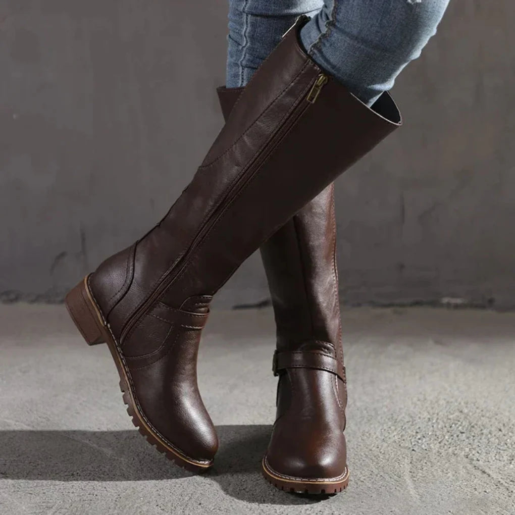 Leather Ladies' Boots with Zipper and Buckles