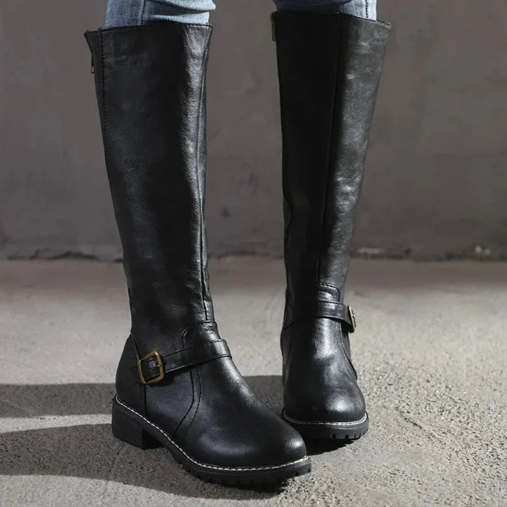 Leather Ladies' Boots with Zipper and Buckles
