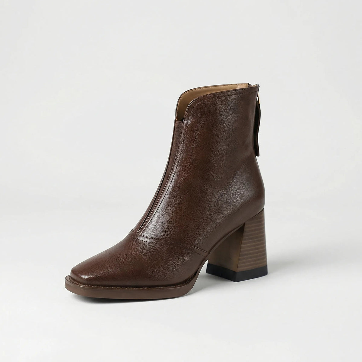Leather Ankle Boots for Women Block Heel Zip at the Back