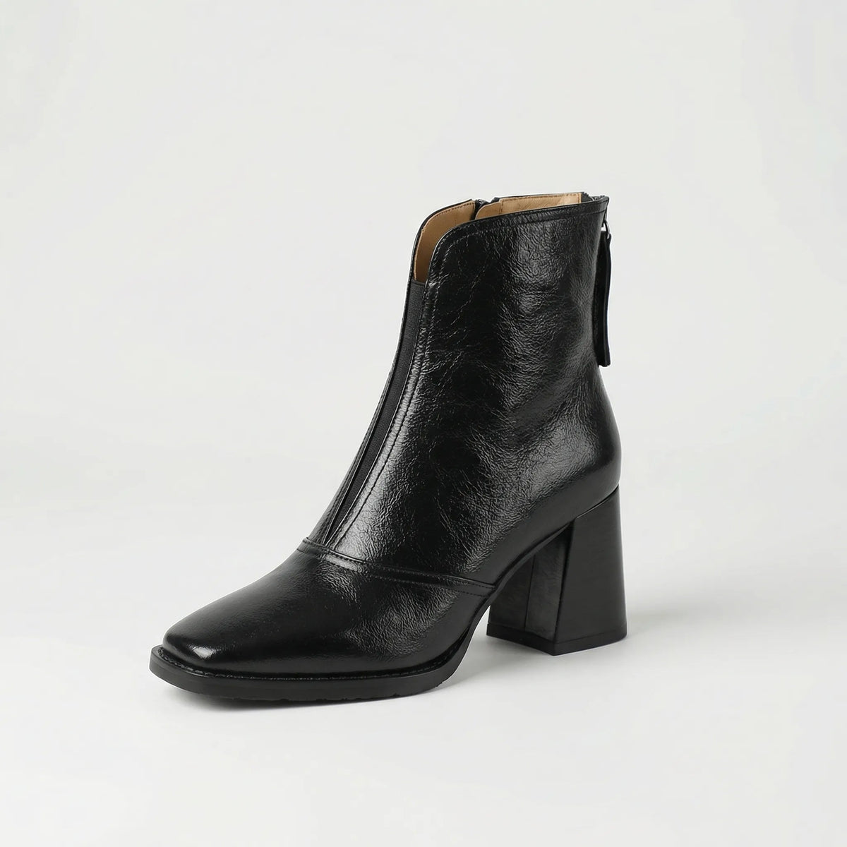 Leather Ankle Boots for Women Block Heel Zip at the Back