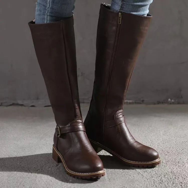 Leather Boots Ladies High Shaft Buckle Block Heel