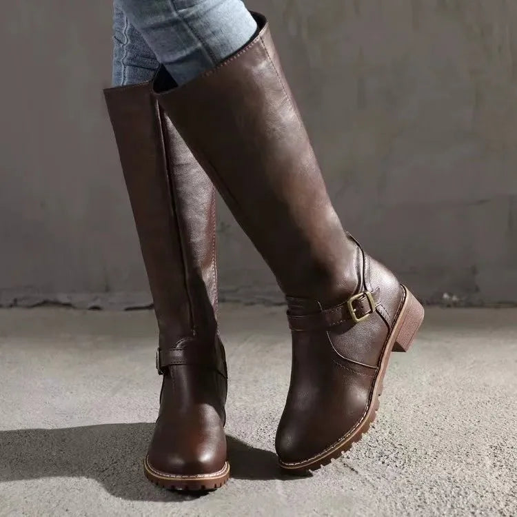 Leather Boots Ladies High Shaft Buckle Block Heel