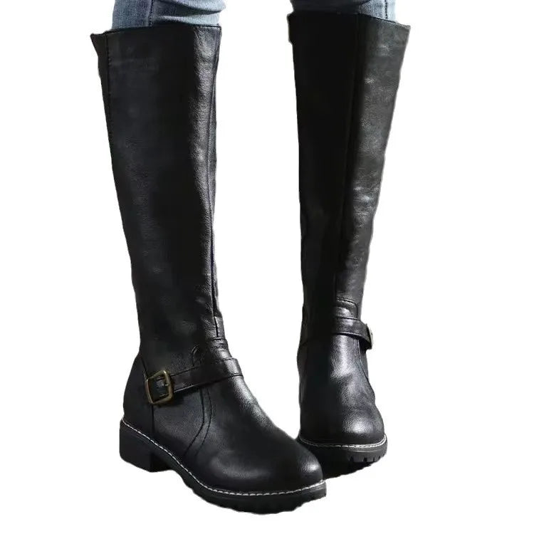 Leather Boots Ladies High Shaft Buckle Block Heel