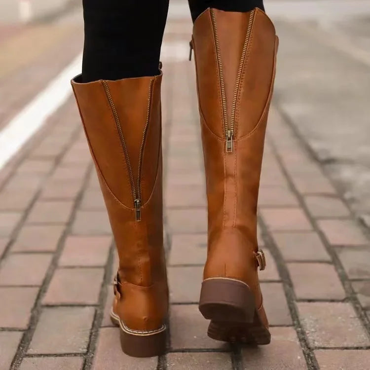 Leather Boots Ladies High Shaft Buckle Block Heel