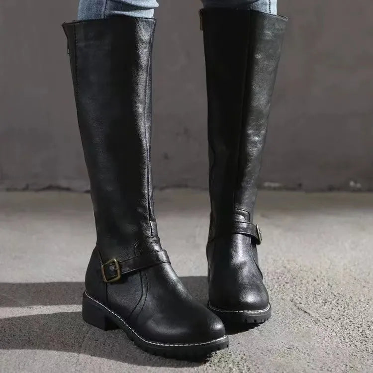 Leather Boots Ladies High Shaft Buckle Block Heel