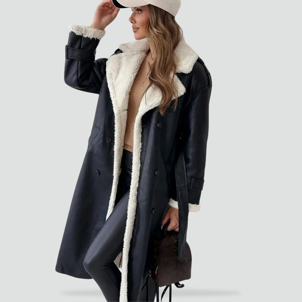 Ladies' Coat with Double-Breasted Buttons and Sherpa Lining