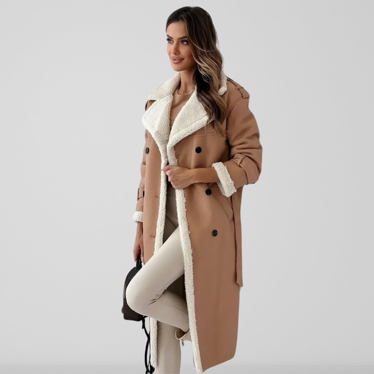 Ladies' Coat with Double-Breasted Buttons and Sherpa Lining