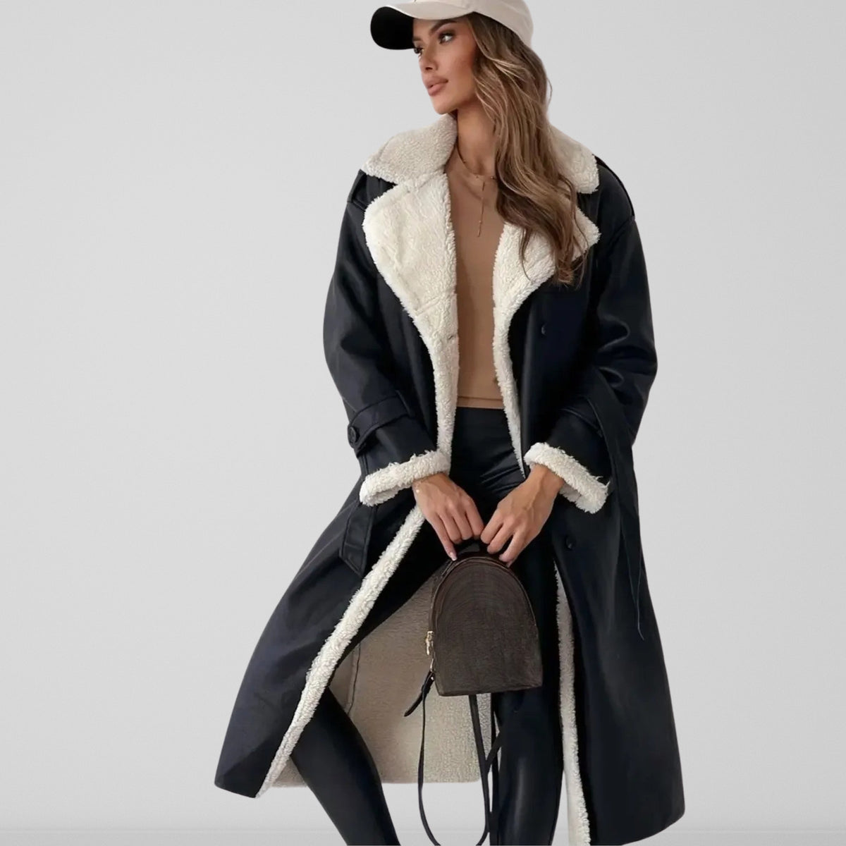 Ladies' Coat with Double-Breasted Buttons and Sherpa Lining