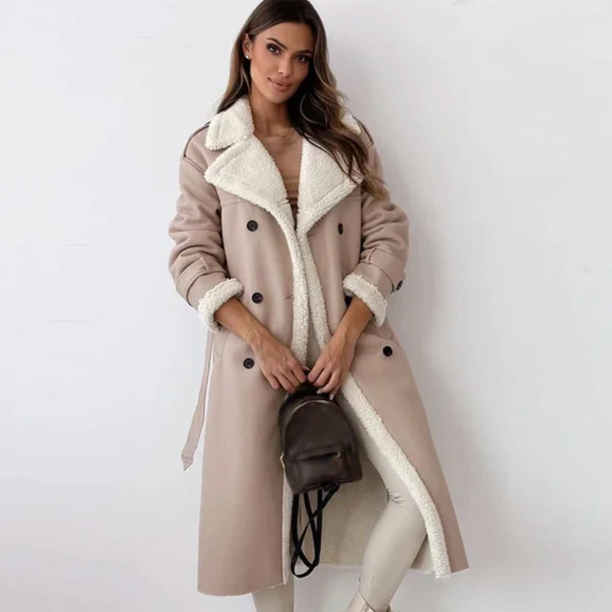Ladies' Coat with Double-Breasted Buttons and Sherpa Lining