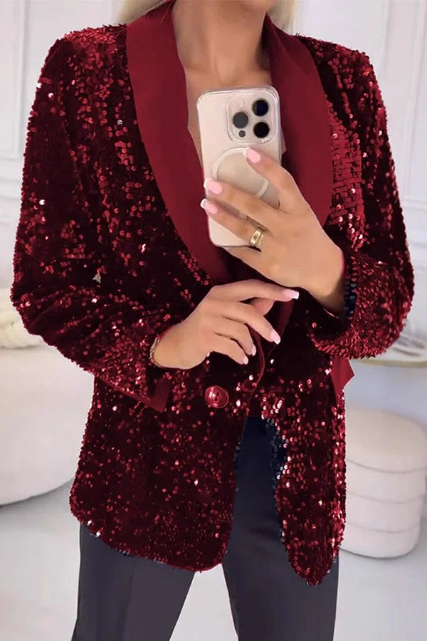 Women's Sequin Blazer with Notched Lapel and Single Button Closure