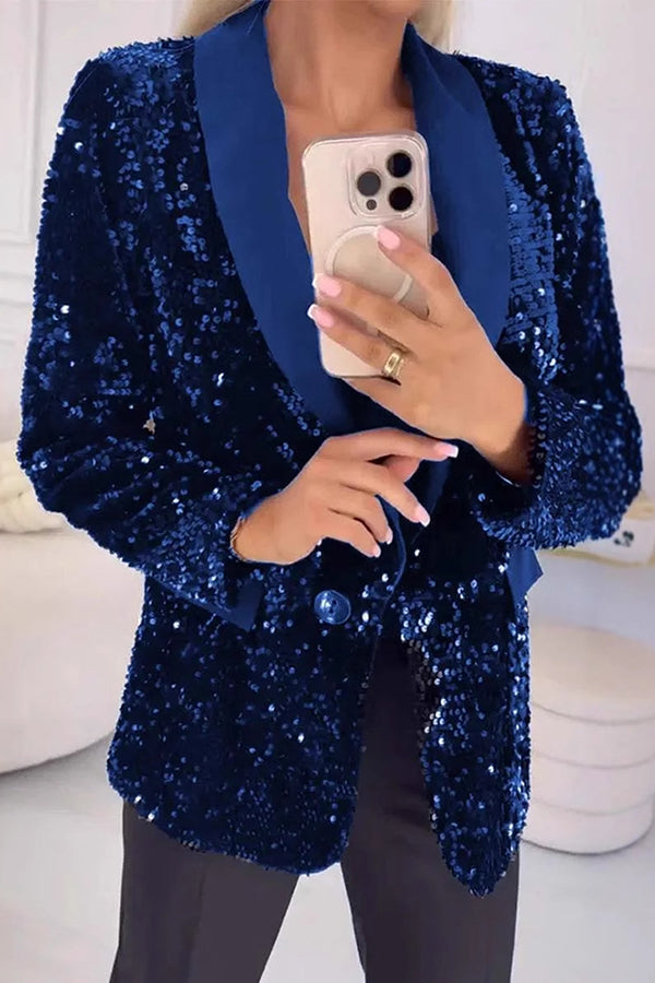 Women's Sequin Blazer with Notched Lapel and Single Button Closure