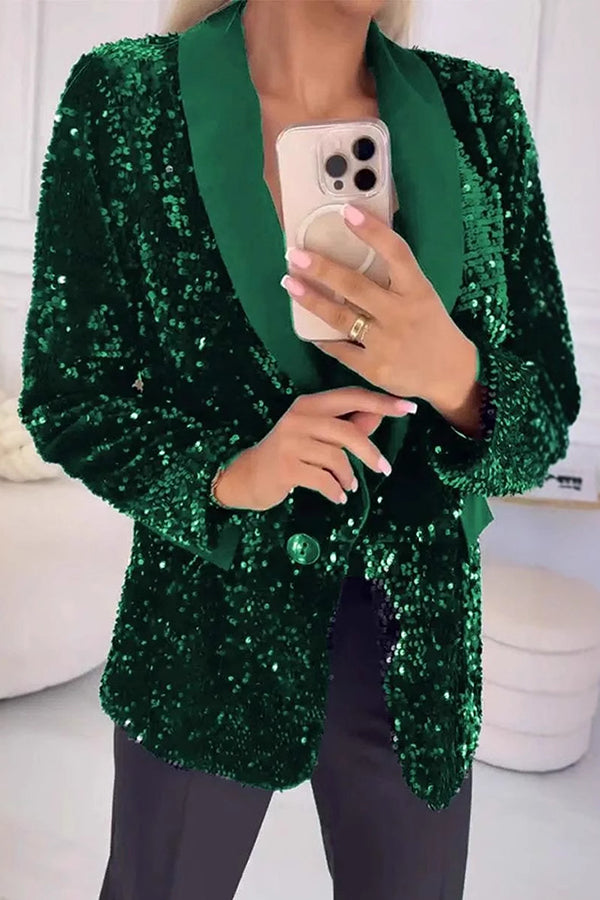 Women's Sequin Blazer with Notched Lapel and Single Button Closure