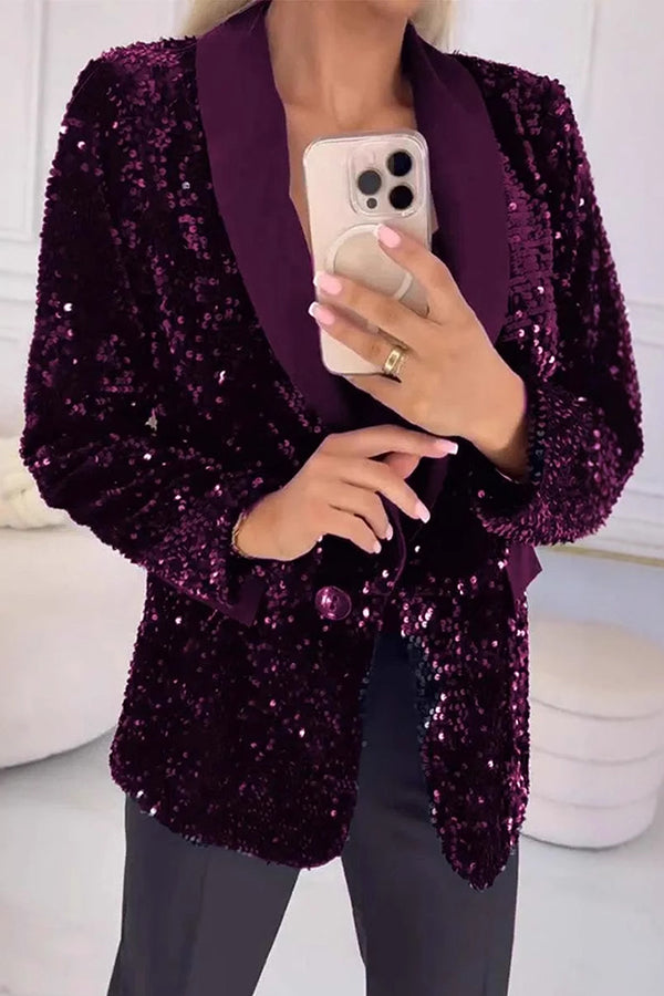 Women's Sequin Blazer with Notched Lapel and Single Button Closure