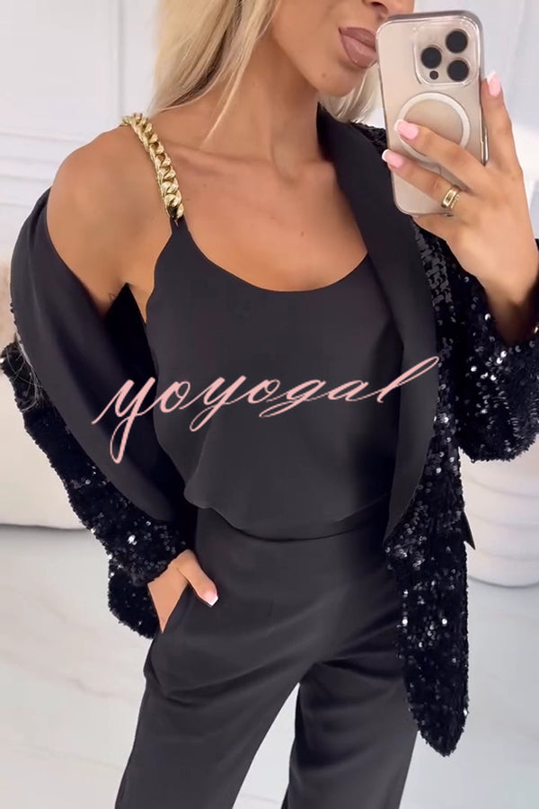 Women's Sequin Blazer with Notched Lapel and Single Button Closure