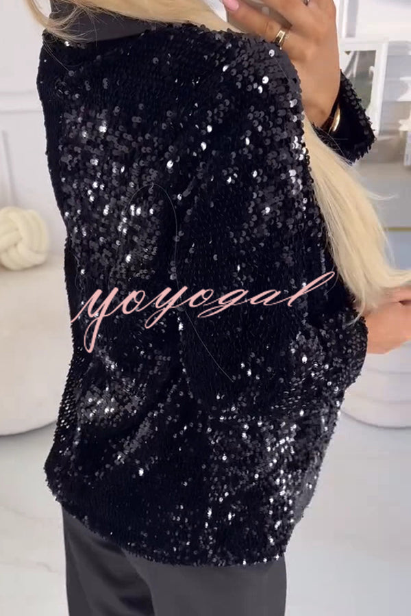 Women's Sequin Blazer with Notched Lapel and Single Button Closure