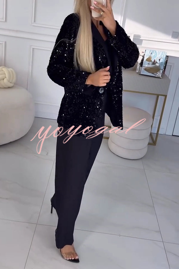 Women's Sequin Blazer with Notched Lapel and Single Button Closure