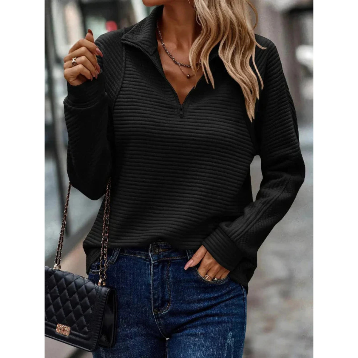 Ladies' Modern Sweater with Half-Zip Collar and Long Sleeves