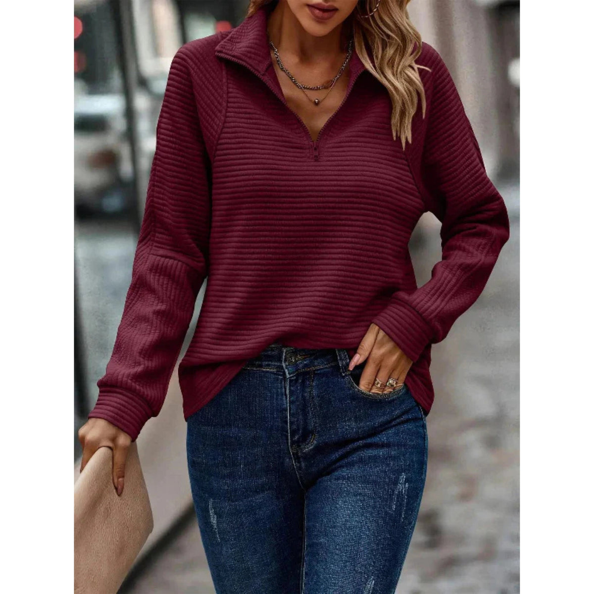 Ladies' Modern Sweater with Half-Zip Collar and Long Sleeves