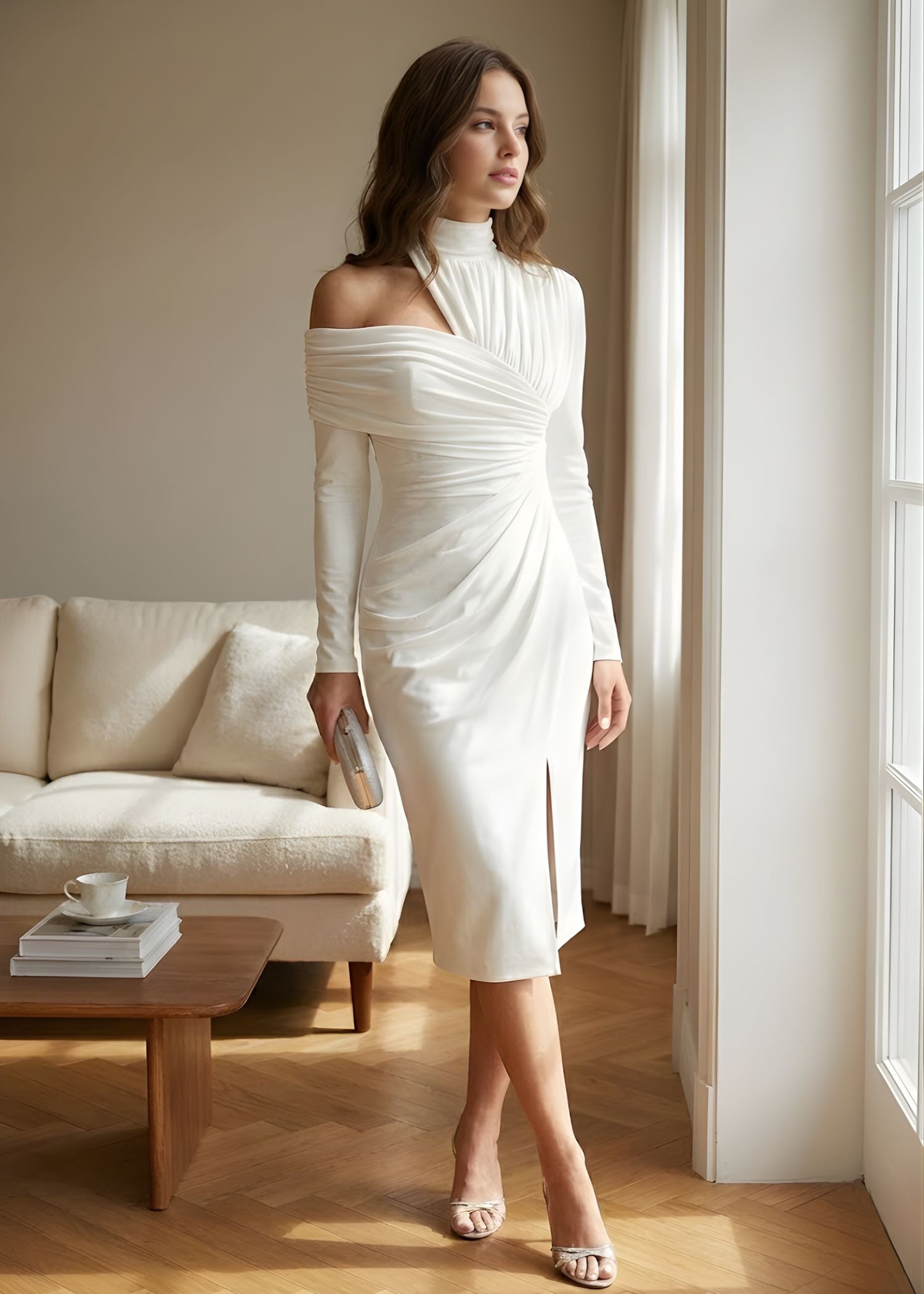 Ladies Off-Shoulder Midi Dress Asymmetrical