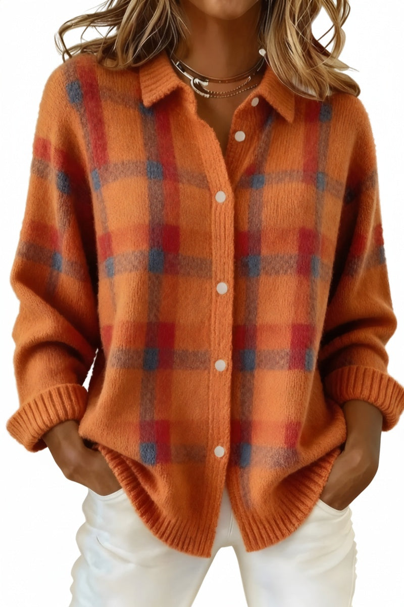 Checked Print Oversized Cardigan for Women with Button Closure