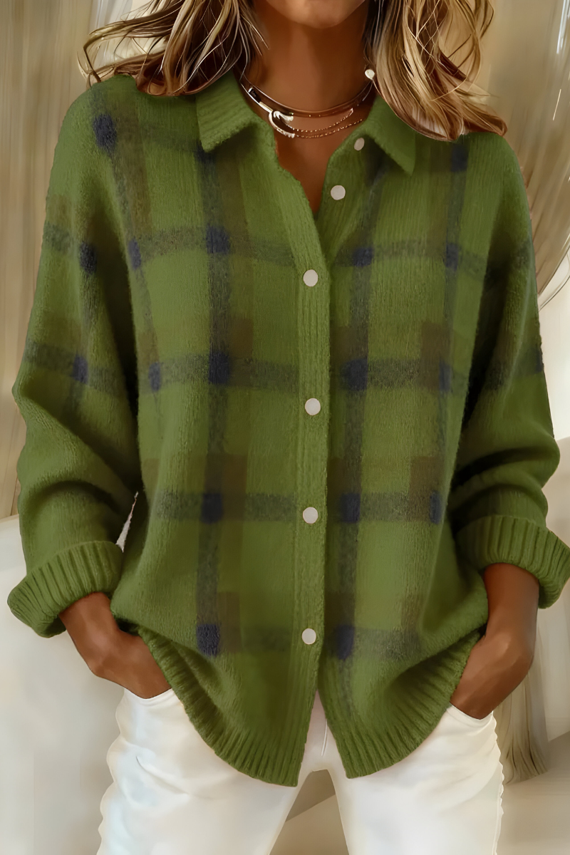 Checked Print Oversized Cardigan for Women with Button Closure