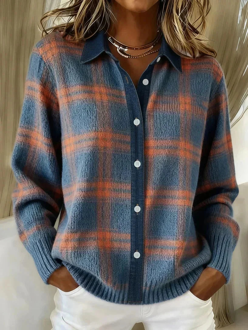 Women's Oversized Checked Shirt with Collar and Button Closure