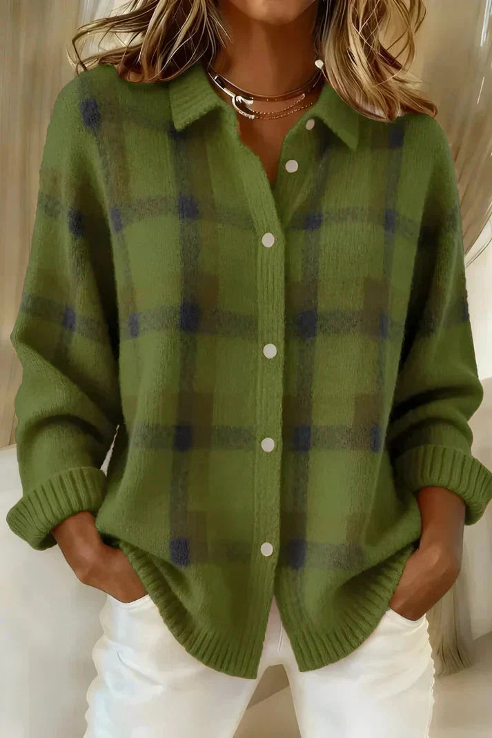 Women's Oversized Checked Shirt with Collar and Button Closure