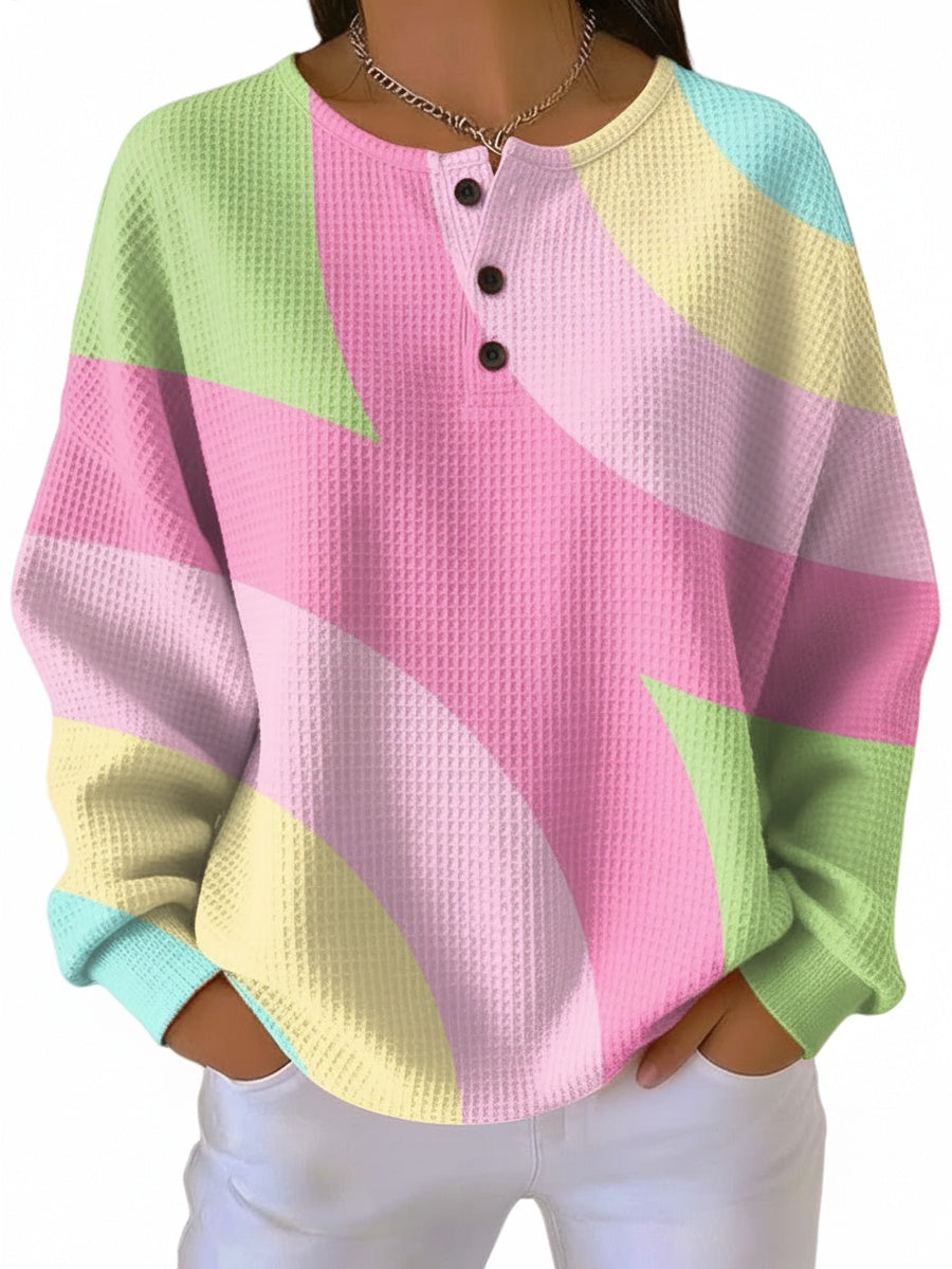 Women's Oversized Round Neck Sweater with Button Details and Geometric Design