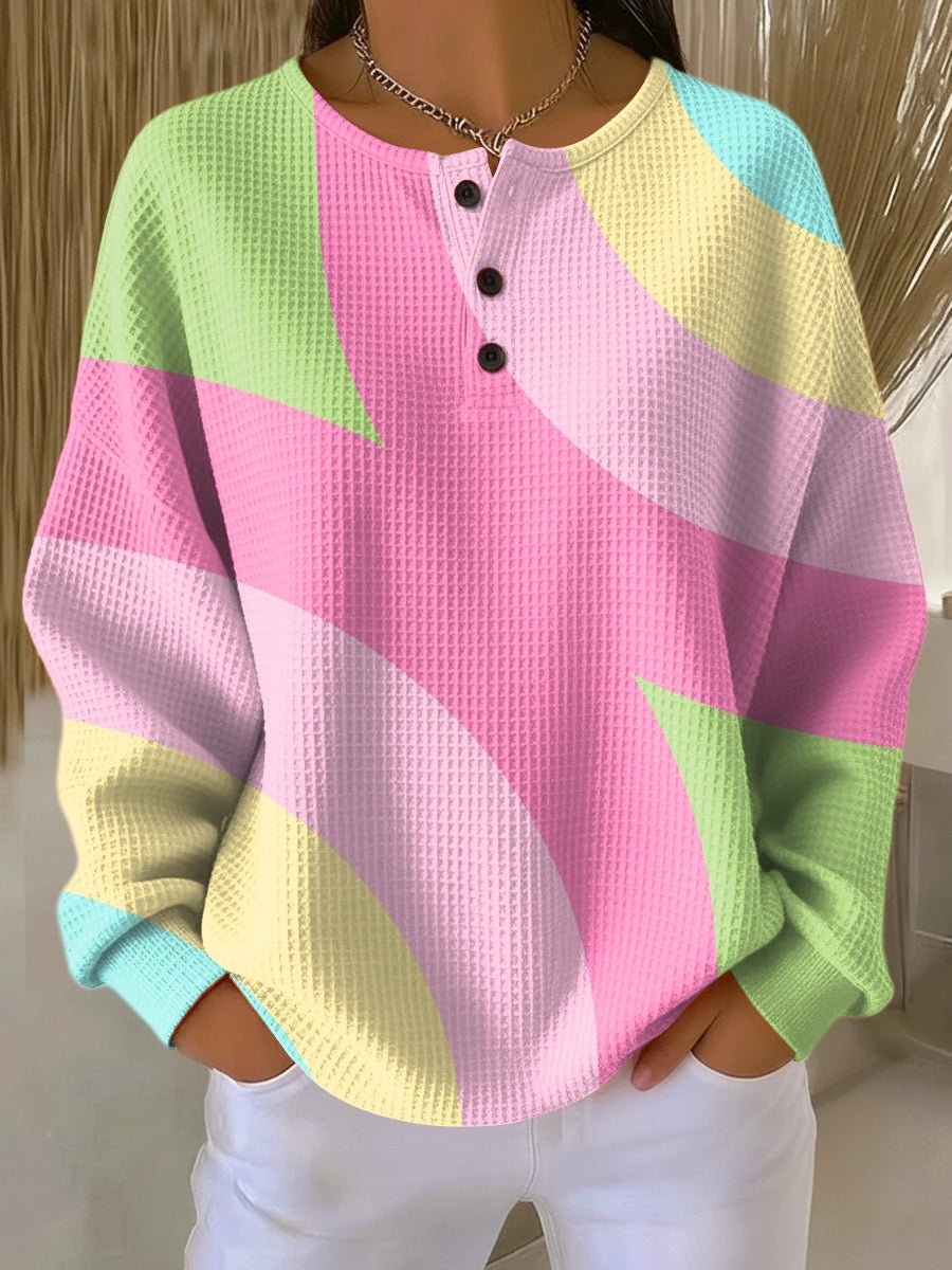 Women's Oversized Round Neck Sweater with Button Details and Geometric Design