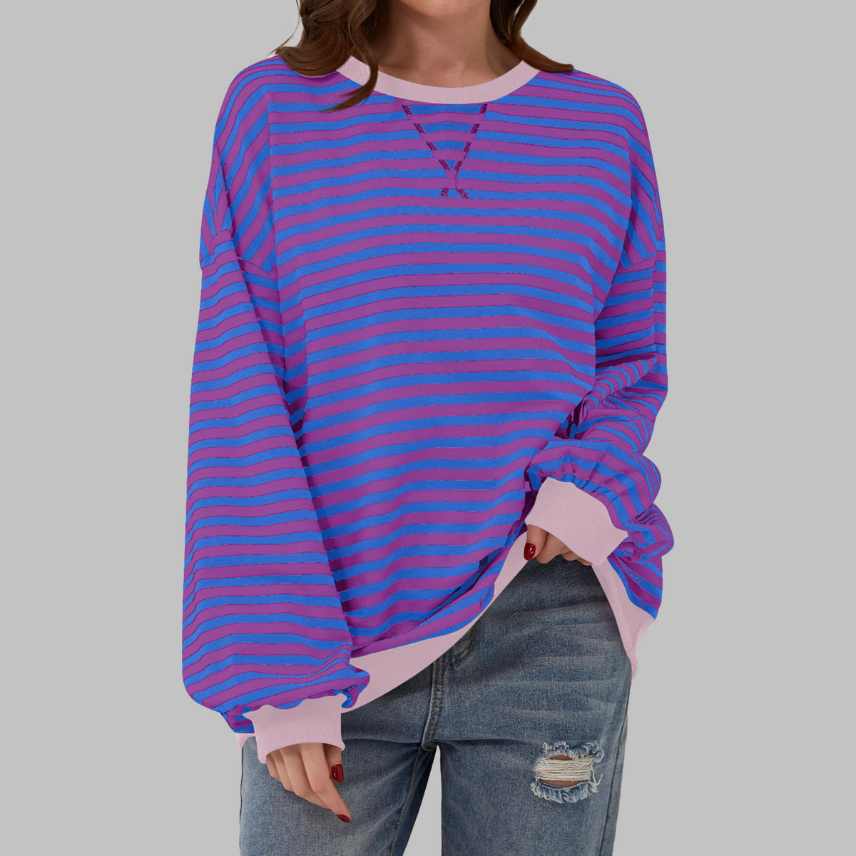 Women's Oversized Striped Round Neck Sweatshirt