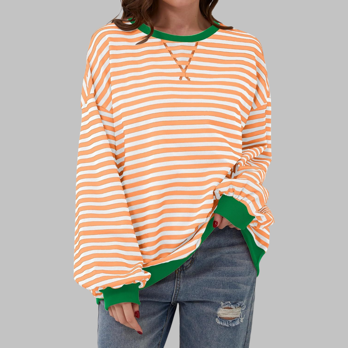 Women's Oversized Striped Round Neck Sweatshirt