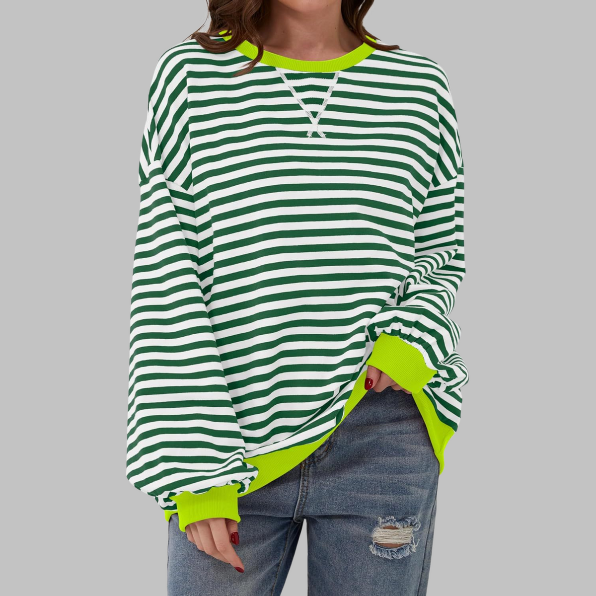 Women's Oversized Striped Round Neck Sweatshirt
