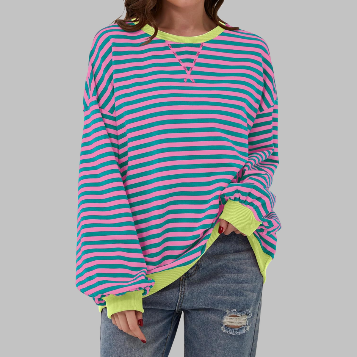 Women's Oversized Striped Round Neck Sweatshirt