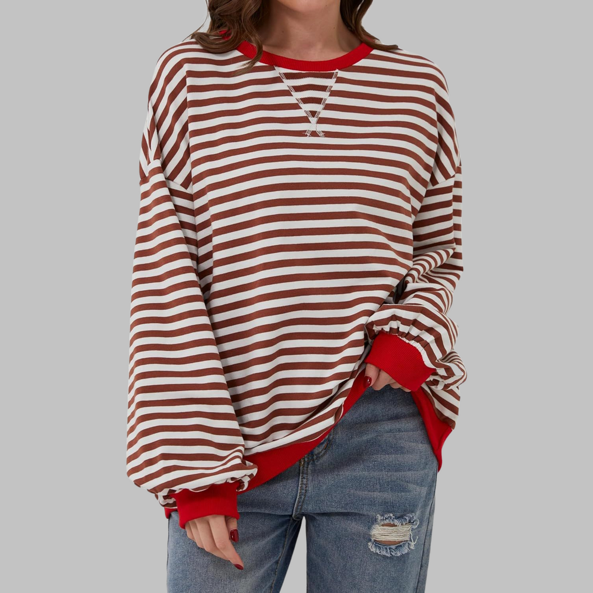 Women's Oversized Striped Round Neck Sweatshirt