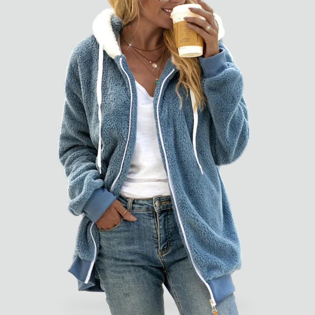 Ladies Plush Jacket with Hood and Split Details