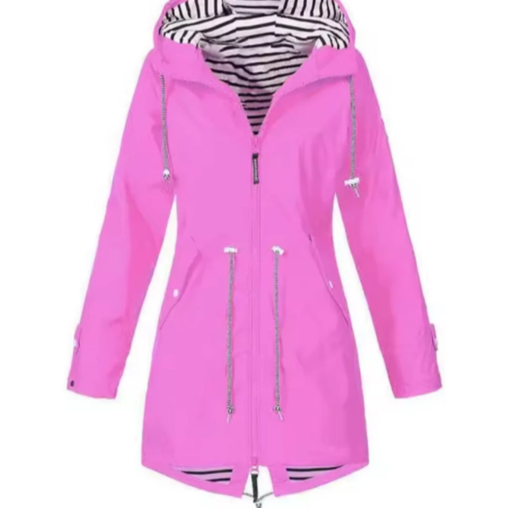Ladies' waterproof rain jacket with adjustable hood