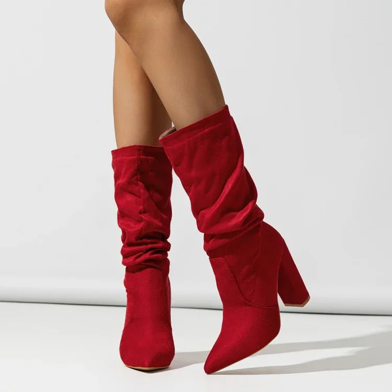Women's Slouchy Block Heel Boots with Pointed Toe