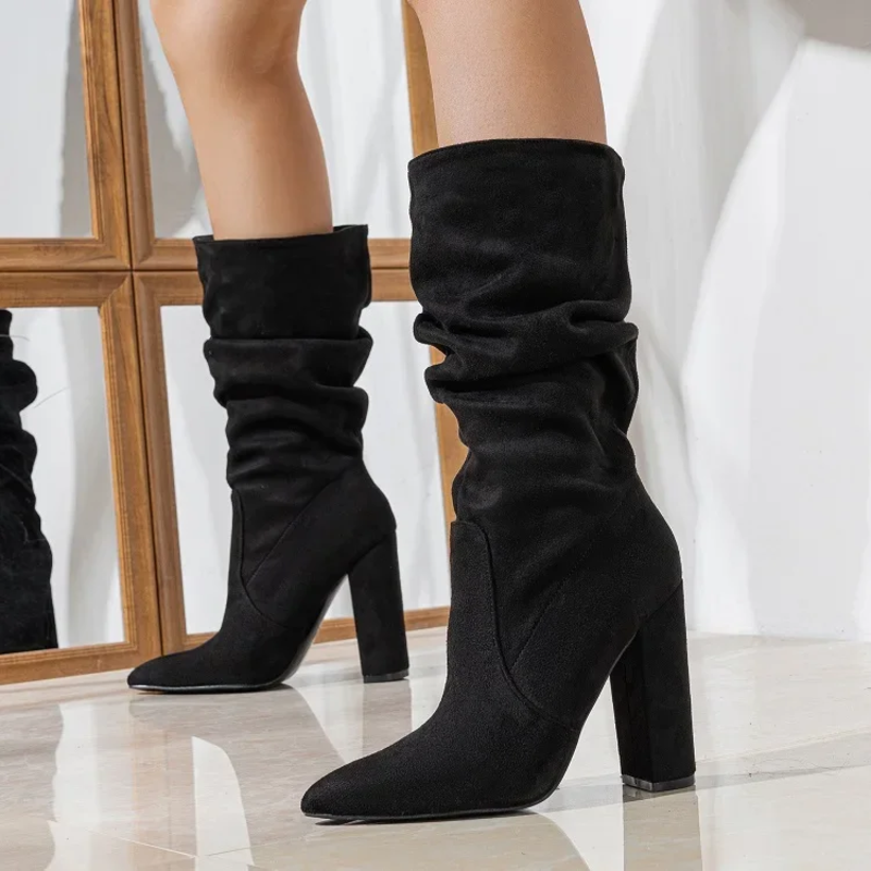 Women's Slouchy Block Heel Boots with Pointed Toe