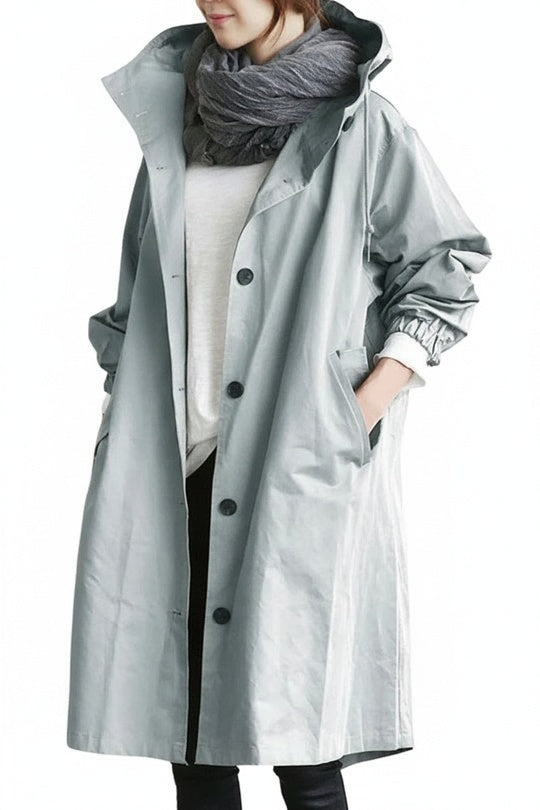 Women's Oversized Hooded Trench Coat with Button Closure